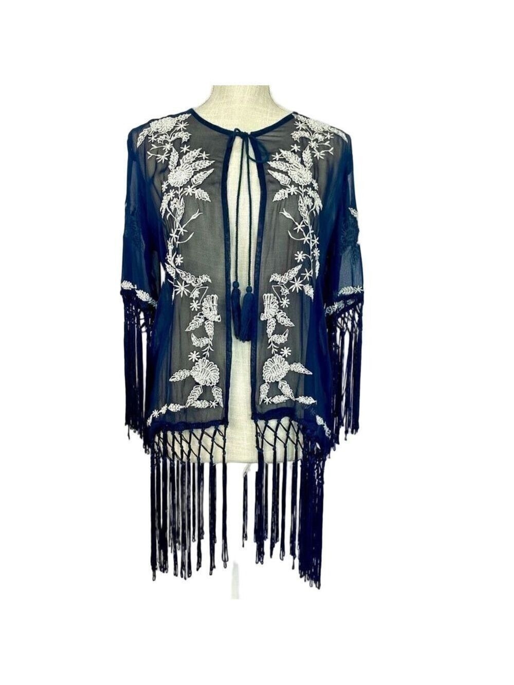 NWT Hyde Park Women Medium Embroidered kimono Sheer Navy Blue White Fringe